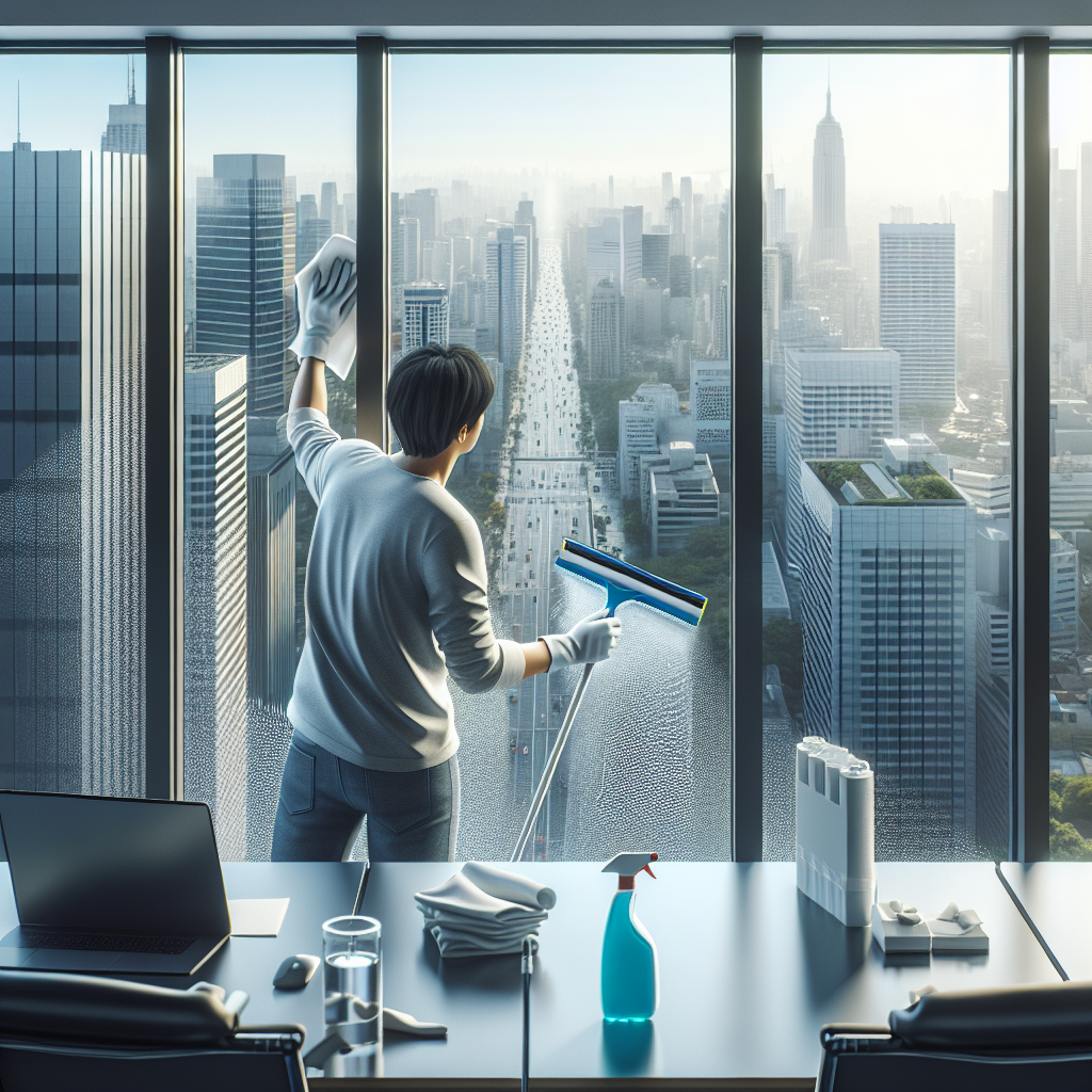 Realistic stock image of cleaning windows in office
