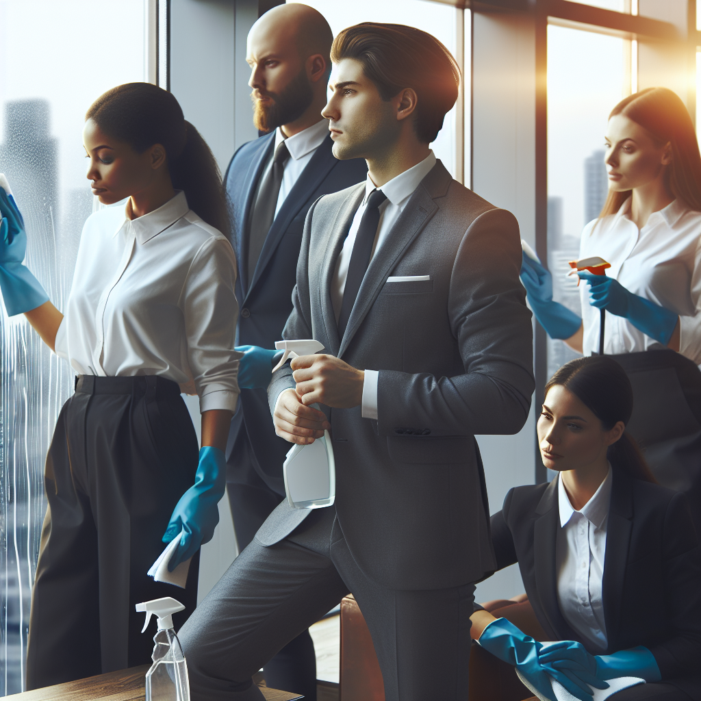 Realistic stock image of window cleaning in office