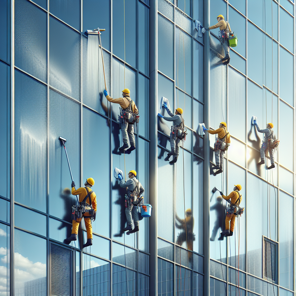 Realistic stock image of workers cleaning windows